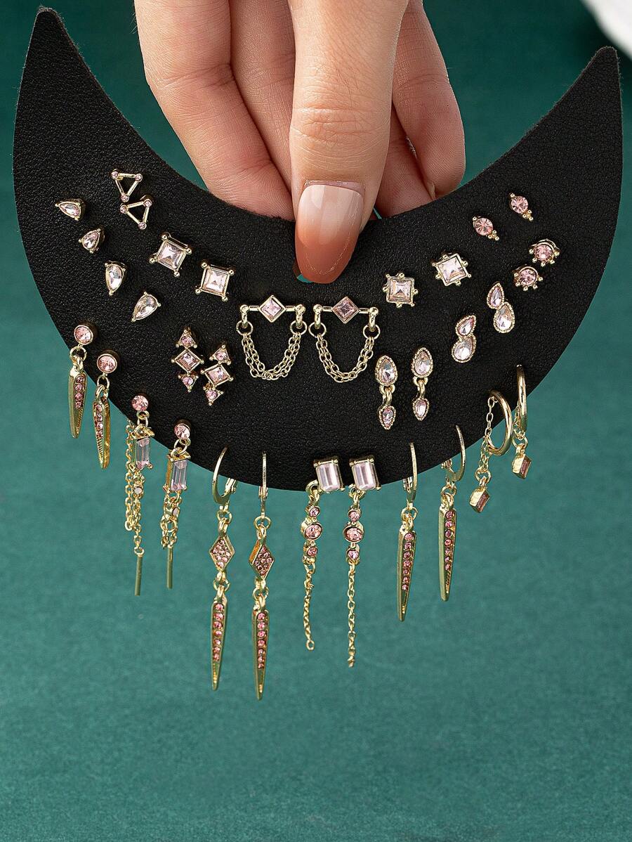17pcs/Set Minimalist Multi-Crystal Vintage Style Stud Earrings & Dangle Earrings, Original Design Unique Accessories - Pink - View 1