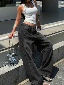Vintage Washed Black Straight Leg Jeans For Women, US Design Loose Casual Wide Leg Floor Length Pants