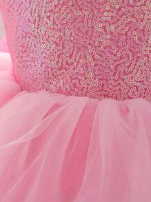 女婴蝴蝶结亮片薄纱可爱生日派对拖尾连衣裙，适合花童，带发带