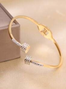 1 pieza Brazalete de mujer de acero inoxidable con doble círculo de cristales de moda y personalizado, accesorio diario - Amarillo Oro - Ver 6
