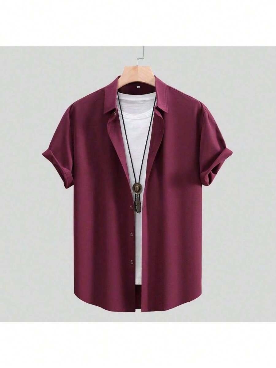 Classic Design Shirt, Men's Casual Short Sleeve Button Down Shirt For Business Casual Events - 酒紅色 - 查看 1