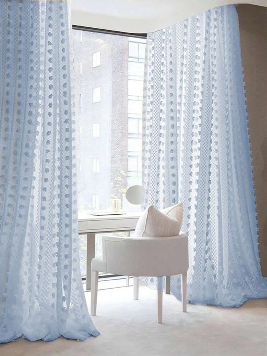 1pc Vertical Yarn Ball Semi-Sheer Curtain, Linen Texture, Suitable For Bedroom, Living Room, Balcony, Dressing Room - Blue - View 1