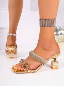 Women's High Heel Square Toe Rhinestone Decorated Sandals With Metal Chain, Fashion Dress Sandals With Unique Heel Shape