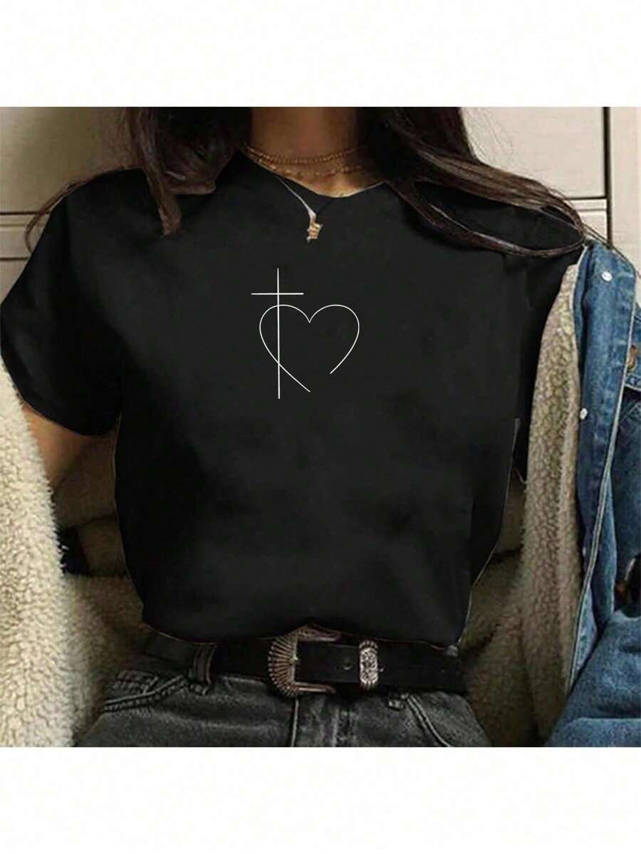 Camiseta Feminina Cristã Amor Coração e Cruz Camisa Alta Qualidade - Preto - Visão 1