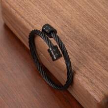 1 件男女通用不锈钢包线几何圆柱袖口手链，黑色 - 槍黑色 - 查看 2