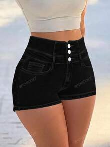 Women Single-Breasted Super High Waist Elastic Fitted Straight Leg Denim Shorts