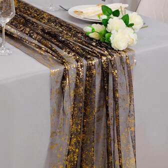 2 metri /3 metri Copritavolo da matrimonio nero e dorato in chiffon trasparente, organza lurex, per decorazioni tavolo da matrimonio, compleanno, casa