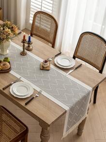 1pc Handwoven Tassel Decor Table Runner, Water-Repellent & Stain-Resistant, Modern Minimalist Style, Elevates Dining Table Artistry For Family Gatherings Or Holiday Celebrations - Grey - View 3