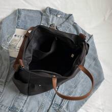 女士多口袋手提包，简约时尚单肩斜挎包，轻便可折叠，适合购物、旅行、工作 - 黑色 - 查看 9