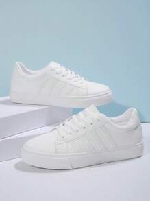 1 par de zapatillas deportivas casuales versátiles para uso diario y al aire libre, con estilo de monopatín, puntera redonda y cordones a rayas, para mujer