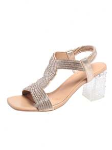 Sandalias de tacón alto con detalles de strass, de tacón ancho y punta abierta, con diseño de banda elástica simple, elegantes, adecuadas para vestidos, fiestas y vacaciones