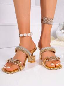 Women's High Heel Square Toe Rhinestone Decorated Sandals With Metal Chain, Fashion Dress Sandals With Unique Heel Shape