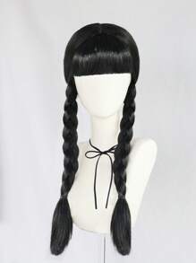 28 Inch Long Black Dual Braided Cosplay Wig With Bangs For Women Halloween Costume Anime Party, Black Double Low Braided Hairstyle Film Character Wig For Concerts Vacation Photography Themed Events Comic Con Exhibition