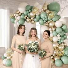 112pcs Elegant Balloon Arch Kit - Green, Sand, White & Golden With Golden Confetti For Weddings, Engagements, Anniversaries, Bridal Showers, Youngsters Showers & Birthdays