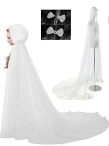 1pc Elegant Sheer Mesh Solid Color Vintage Hooded Cloak, Romantic Bridal Cape Suitable For Weddings And Special Occasions, Halloween Adult Vintage Solid Color Hooded Veil Vampire Bride Cloak