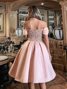 Elegant Off-Shoulder Sequined A-Line Dress, Flattering Silhouette For Weddings, Garden Parties, Proms & Evening Events, Party Dress, Wedding Guest Cocktail Dress