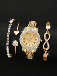 4 peças/conjunto de relógio feminino elegante com strass e numeral romano e pulseira de corrente em formato de 8, pulseira redonda dourada da moda, presente para o dia das mães, dia do professor, ação de graças, formatura, aniversário