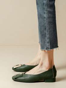 Mocasines lisos de estilo casual de vacaciones para mujer con decoración de bloque de color y hebilla, unicolor - Verde - Ver 11