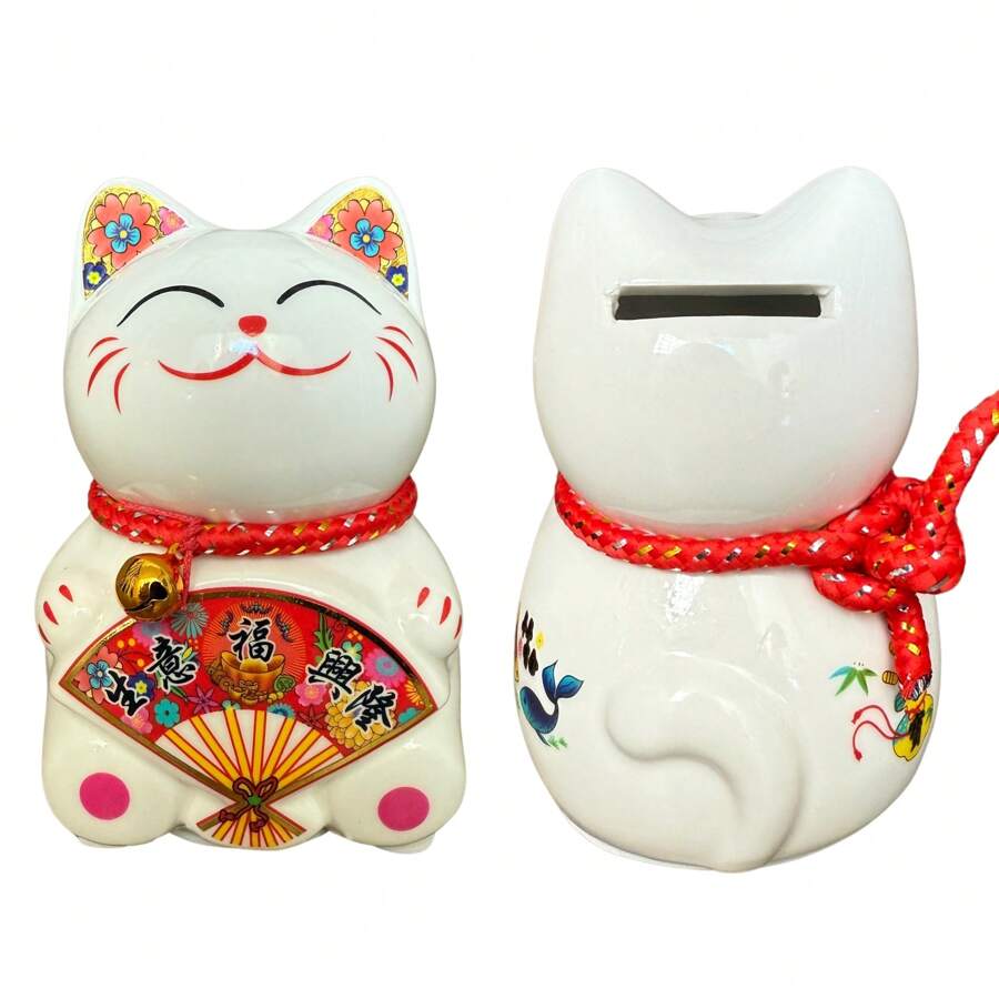 Small Lucky Cat Coin Bank - Feng Shui Maneki Neko Ceramic Piggy Bank For Good Luck & Prosperity, Feng Shui Ornament Money Fortune Cat Gift Decorations For Home, Office, Store - 4.75" Height - Fan 4 - View 1