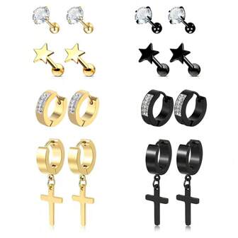 8 A Set Of Stainless Steel Multi-Layer Cartilage Piercing Earrings Set Star Ear Stud, Flat Piercing Artificial Zirconia Ear Stud Diamond Ear Buckle Cross Round Earrings Suitable For Men And Women To Wear On Dates And Festivals