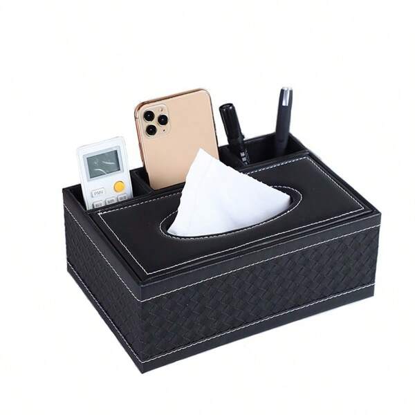 1pack PU Leather Tissue Box Cover - Multifunctional Tissue Box Holder With Stationery Remote Control Box - Elegant And Stylish Home Napkin Holder Desktop Tissue Paper Holder Desk Storage Organizer (Black), Tissue Box Holder, Napkin Holder, Festival Family Gathering, Kitchen Dining Table Decor For Home Kitchen Bedroom Living Room Dining Room, Home Decoration Accessories, Decorative Box, Women Wedding Gift, Summer Travel Holiday Festival Must-Have