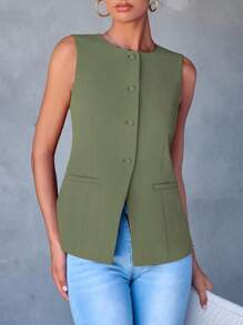 Women's Summer Suit Vest Top Formal Business Casual Sleeveless Button Slimming All Fashion Suit Jacket Vest - 淺綠 - 查看 5