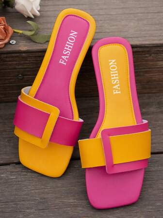 Women's Flat Square Toe Sandals, Lightweight & Comfortable, Dopamine Color, One-Piece Slip-On, Casual Vacation Style Summer Outdoor Beach Slippers