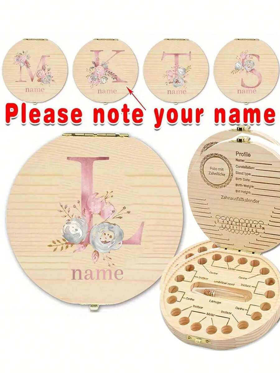1 pieza Caja de madera personalizada para el Hada de los Dientes para guardar los dientes de bebé perdidos, caja recordatorio de dientes con nombre grabado y bandeja de exhibición para hasta 20 dientes, coleccionista de recuerdos multifuncional para vuelta al colegio - Color madera-estilo flor rosa - Ver 1