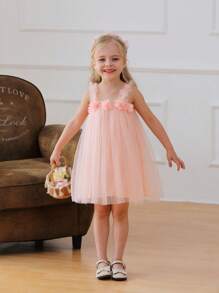 年轻女孩可爱 3D 花卉无袖多层薄纱派对礼服，适合花童、婚礼、生日派对、拍照、舞会、毕业典礼、夏季