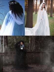 1pc Elegant Sheer Mesh Solid Color Vintage Hooded Cloak, Romantic Bridal Cape Suitable For Weddings And Special Occasions, Halloween Adult Vintage Solid Color Hooded Veil Vampire Bride Cloak