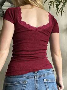 Y2K Women's T-Shirt Solid Color Slim Sexy Short Sleeve Lace Lace Top