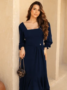 Women's Long Sleeve Midi Mullet Dress With Ruffles Tailoring Square Neckline Spring Summer Christian Evangelical Fashion REF: Angela - Navy Blue - View 2