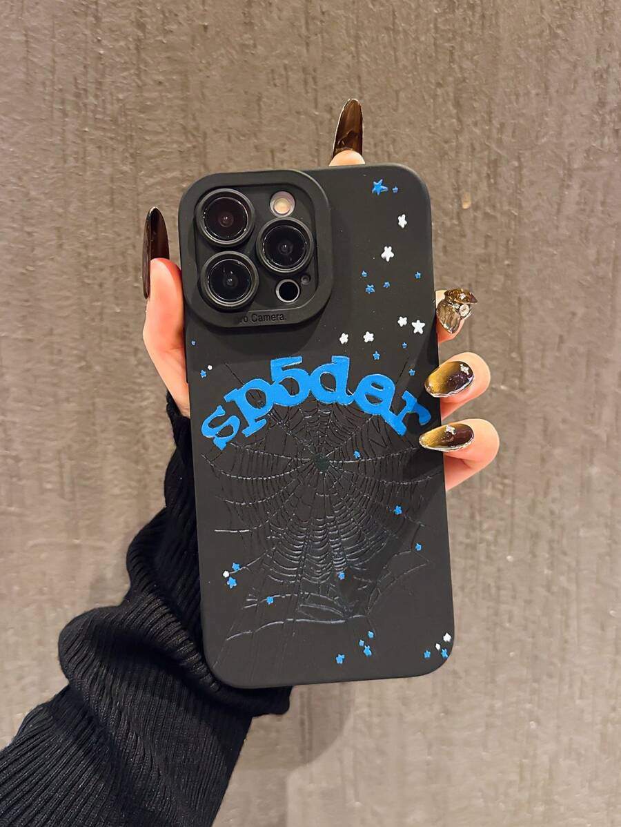 1pc Blue Star Spider Web Shockproof Phone Case Compatible With IPhone 16/16Pro/16Plus/16ProMax 15/15Pro/15ProMax/14/14Pro/13/11/XR, A55 5G, A23, S24+, S22Ultra, S24, A14, A50 Etc. Soft Protective Cover Waterproof Anti-Fall Scratch Resistant - Black - View 1