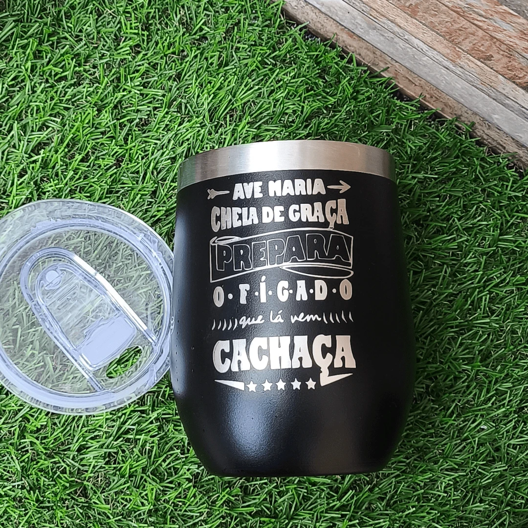 CUSTOMIZED LASER PRINTED Thermal Cup WITH ART: Ave Mariaa Phrase - Cachaça 350ml Stainless Steel Double Wall Cold Or Hot Drink Immediate Shipping Gift Ideas - 黑色 - 查看 1