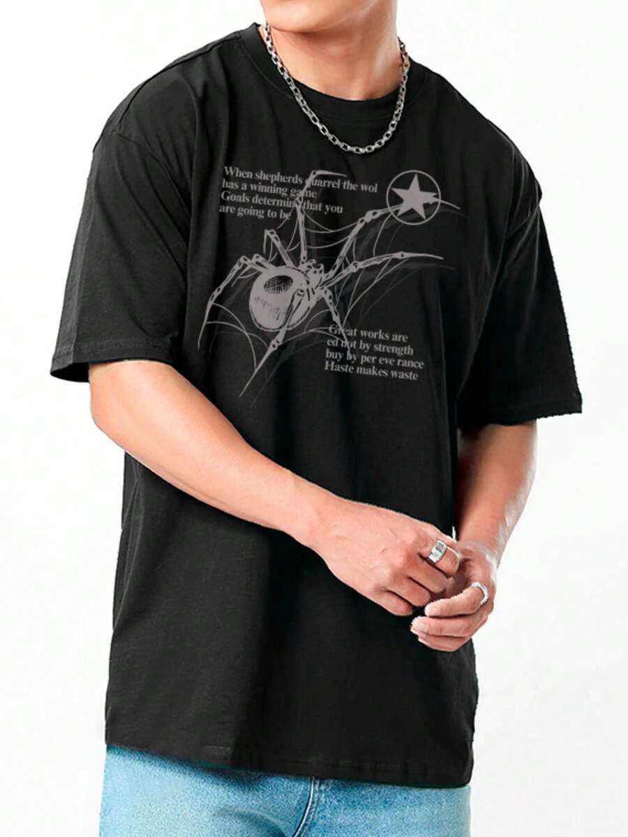 Korean Style Streetwear Men's Unisex Spider Web T-Shirt - 黑色 - 查看 1