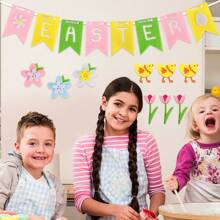 1 pieza Banderín con forma de huevo de Pascua, conejo y flor de fieltro, decoración de fondo no tejida para fiesta de Pascua, calcomanía de ventana con pollito y lirio
