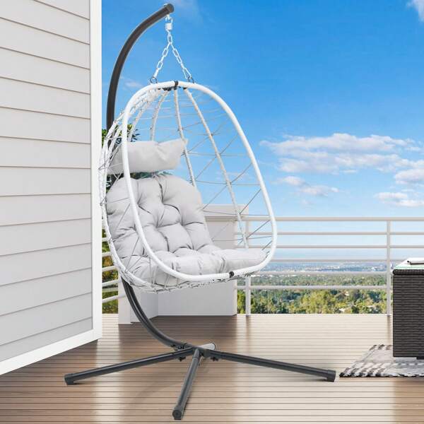 Hängesessel mit Kissen, Max. Belastung 150kg, Hängesessel Outdoor mit Gestell Körbe 195x120x108 cm Hängesessel Stabiler Rattan für Garten, Indoor & Outdoor