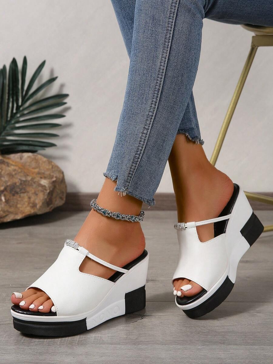 2025 Summer New Fashion High Heel Sandals, Slip-On Mules, Versatile Casual Shoes, Outdoor Sandals, Beach Holiday Sandals, Black & White Sandals, Platform Sandals, Wedge Sandals, Rhinestone Sandals - White - View 1