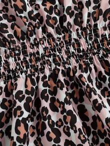 Vestido informal holgado para niña, estampado de leopardo, color liso, cuello redondo, mangas cortas de murciélago, vestido de una pieza. - Colores mixtos - Ver 3