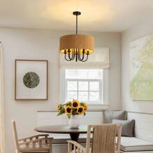 19" Bohemian Rattan Drum Chandelier, 5-Light Round Candle Pendant Light Fixture, Farmhouse Woven Cage Chandelier For Dining Room Bedroom
