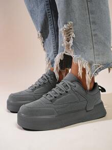 女士简约灰色前系带休闲运动鞋，百搭轻便流行户外和校园风格大码女士运动鞋 - 灰色 - 查看 6