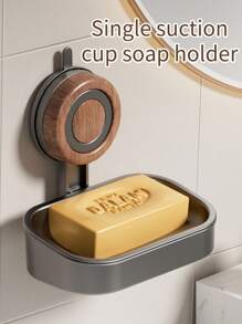 1 Pc Creative Light Luxury Free Punching Sucker Wall Hanging Removable Stainless Steel Wood Grain Bathroom Soap Box, Hollow Drain, Load-Bearing Capacity, Convenient Bathroom Use, Easy To Take, Single And Double Optional, Double Layer Send A Sponge Brush