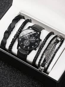 5pcs Men's Fashion Quartz Watch Set - Vintage Style Leaf Beaded Handmade Braided Bracelet, PU Leather Watch With Precise Analog Display, Comfortable, Ideal Gift For Him, Suitable For Casual & Sports