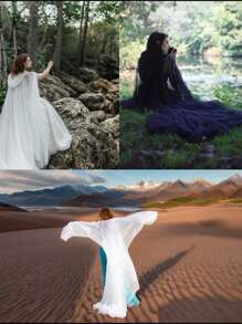 1pc Elegant Sheer Mesh Solid Color Vintage Hooded Cloak, Romantic Bridal Cape Suitable For Weddings And Special Occasions, Halloween Adult Vintage Solid Color Hooded Veil Vampire Bride Cloak