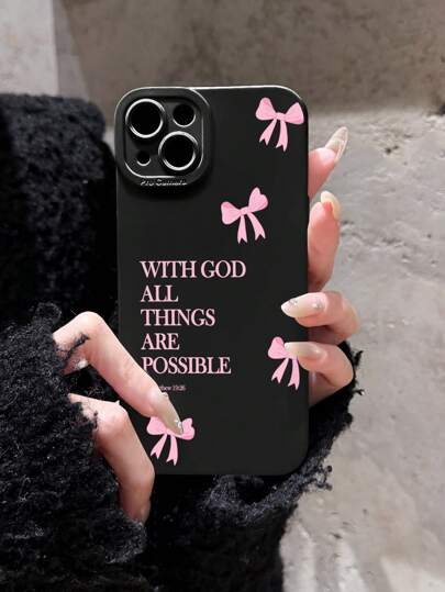 1pc Minimalist Pink Girly Bow Slogan Black Cat Eye Full Coverage Phone Soft Case, Compatible With IPhone 11/12/13/14/15/16 Pro Max Waterproof Shockproof Anti-Fall Scratch Resistant