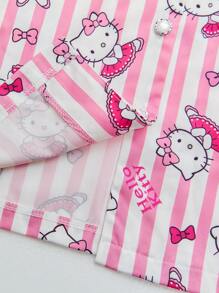 Sanrio 2 piezas Conjunto de pijama de manga larga con botones y estampado a rayas de  para niñas