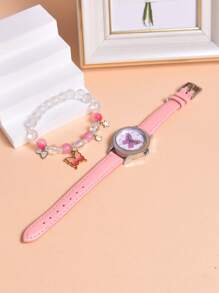 Set de 2 piezas: 1 reloj de cuarzo con diseño de mariposa de dibujos animados para niña, 1 brazalete de mariposa con cuentas, con correa de PU