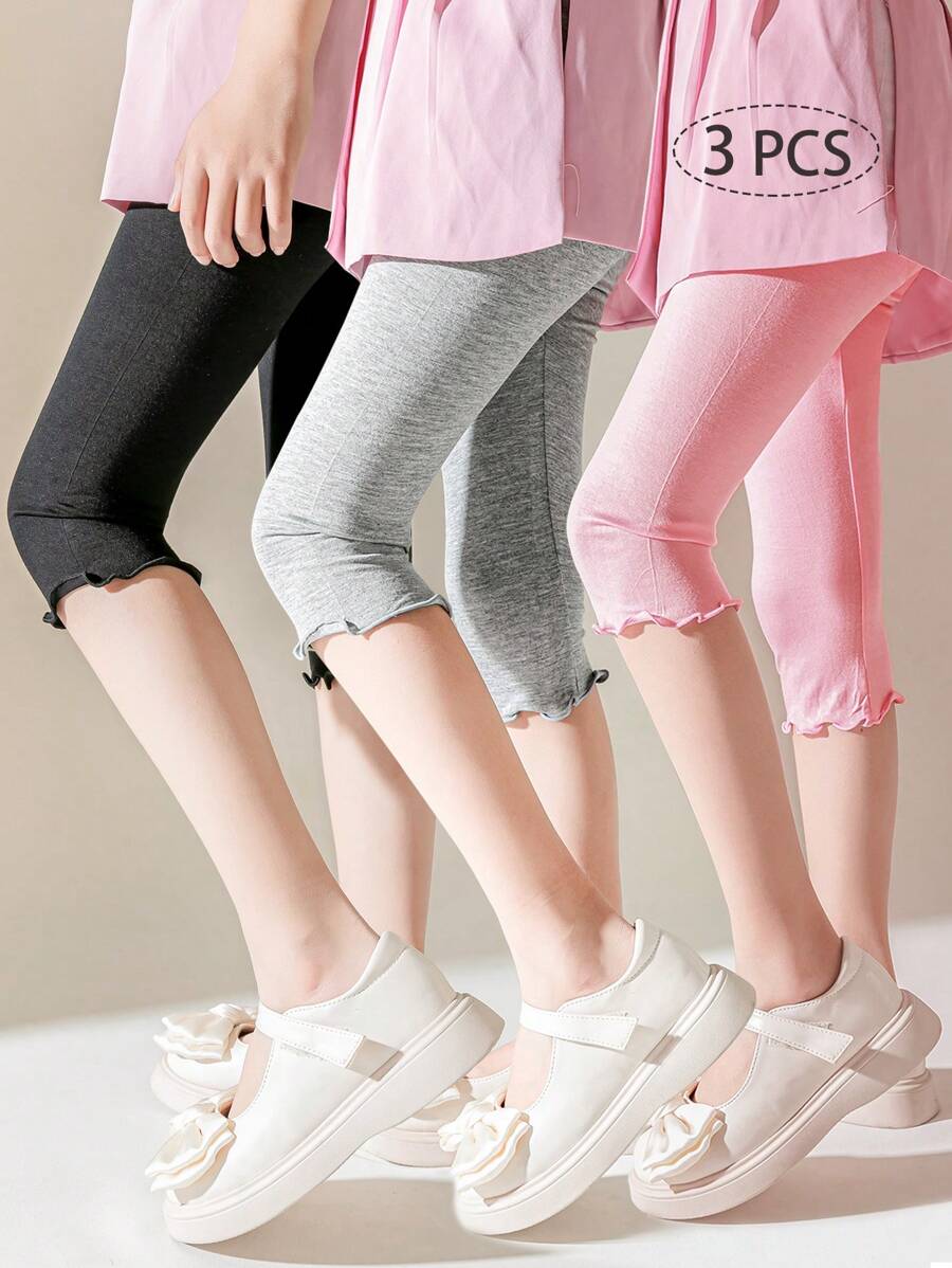 3/2/1 双装女童/儿童薄款短袜，荷叶边及膝打底裤，粉色/灰色/黑色纯色，休闲，柔软舒适，适合日常穿着、上学、春夏穿着