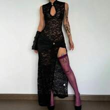 Women's Sexy Lace Sheer Sleeveless Hollow Out High Slit Slim Fit Long Dress - 黑色 - 查看 5