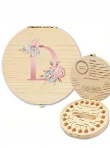 1 pieza Caja de madera personalizada para el Hada de los Dientes para guardar los dientes de bebé perdidos, caja recordatorio de dientes con nombre grabado y bandeja de exhibición para hasta 20 dientes, coleccionista de recuerdos multifuncional para vuelta al colegio - Color madera-estilo flor rosa - Ver 21